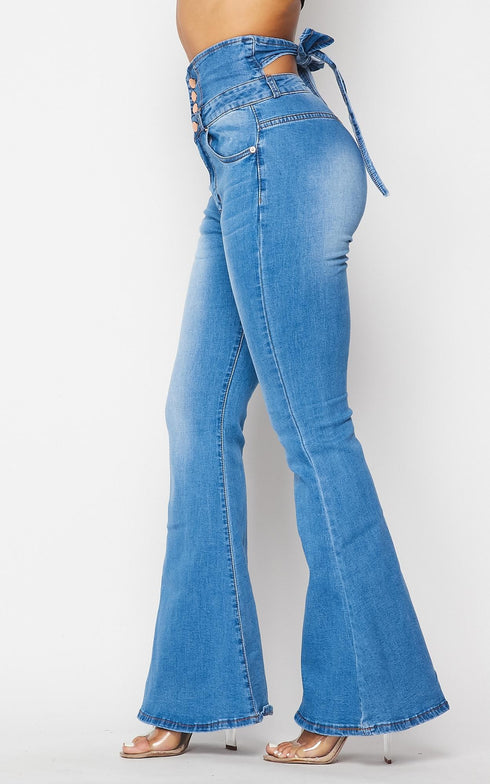 Belted Waist Bell Bottom Jeans - Light Denim - SohoGirl.com